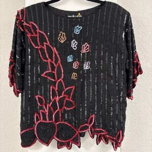 Vintage Rue de Calais Asymmetrical Hem Sequined Beaded Evening Blouse Top Sz M